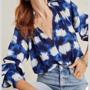 Anthropology Porridge Cotton Women's Blue and White Blouse M